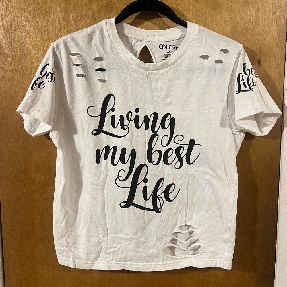 On Fire Women's White Tie Back Living My Best Life Cutout Crop Tee Shirt XL